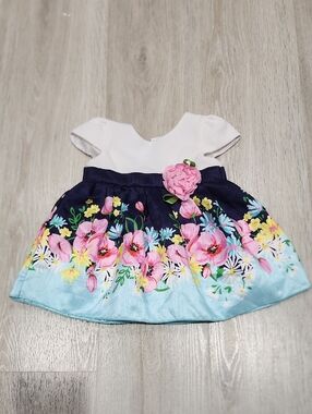 Youngland White Top Navy & Aqua Floral Skirt Dress with Pink Flower 12 Months